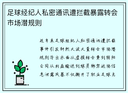 足球经纪人私密通讯遭拦截暴露转会市场潜规则