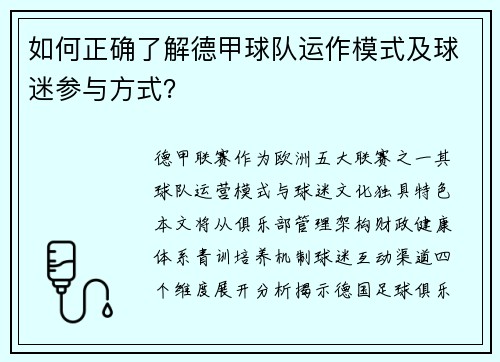 如何正确了解德甲球队运作模式及球迷参与方式？